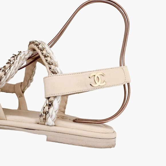 Chanel Chain & Cord Gladiator Sandals EU 39.5 US 8.5-9 Beige Leather Flat CC - Picture 12 of 14